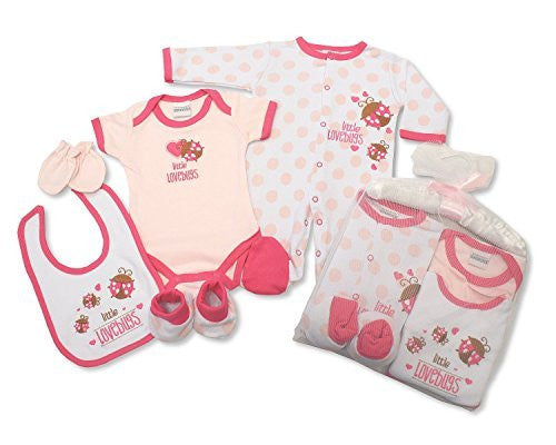 Baby Girls 6pc Gift Set Little Lovebugs Design Clothing Bundle With Satin Hanger - 0-3 Mths - hanrattycraftsgifts.co.uk