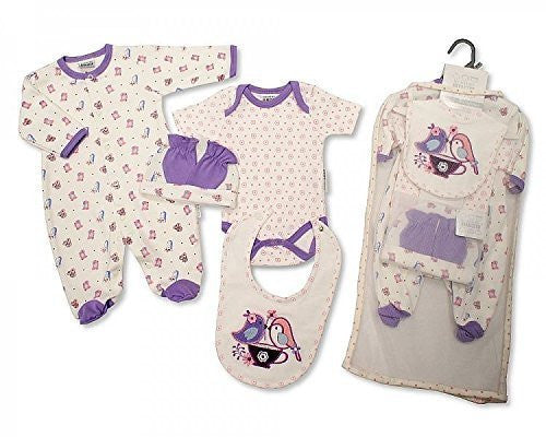 Brand New Baby Girl Jersey Cotton 5 Piece Clothing Gift Set Sleepsuit, Vest, Bib, Hat & mitts Pink Birds 3 Sizes (0-3mths) - hanrattycraftsgifts.co.uk