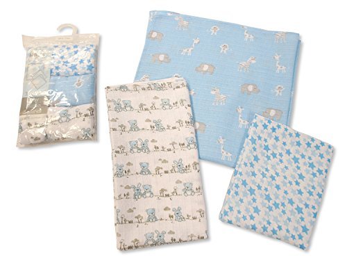 Printed Soft Baby Muslin Squares Pack of 3 (Blue) - hanrattycraftsgifts.co.uk
