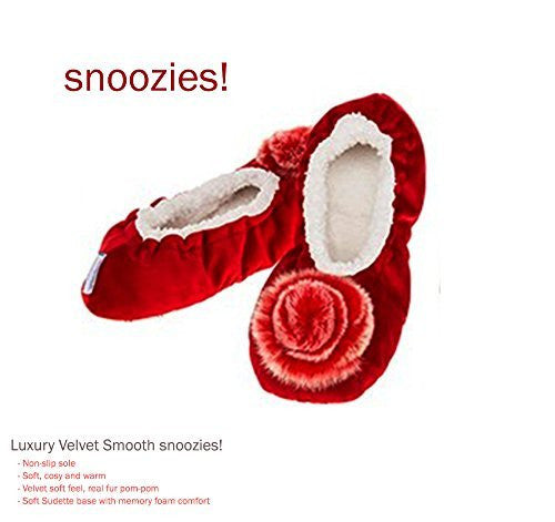 Luxury Deep Red Velvet Pom-Pom Snoozies Ballet Slippers - Ladies UK Sizes 3 to 7 (LARGE UK 6-7) - hanrattycraftsgifts.co.uk