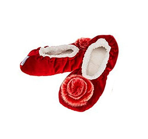 Luxury Deep Red Velvet  Fur effect  Pom Pom Snoozies  Slippers Ladies  (MEDIUM UK 5-6) - hanrattycraftsgifts.co.uk