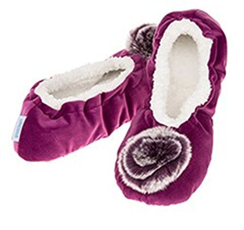 Luxury Purple Velvet  Pom-Pom Snoozies Ballet Slippers - Ladies LARGE UK 6-7 - hanrattycraftsgifts.co.uk
