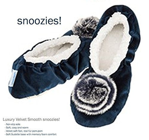 Deep Navy Velvet  Pom-Pom Snoozies Ballet Slippers - LadiesMEDIUM UK 5-6 - hanrattycraftsgifts.co.uk