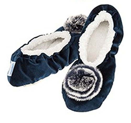 Luxury Deep Navy Velvet Pom-Pom Snoozies Ballet Slippers - Ladies UK Sizes 3 to 7 (LARGE UK 6-7) - hanrattycraftsgifts.co.uk