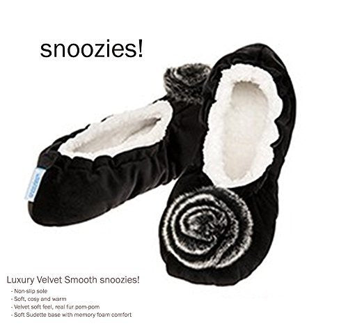 Luxury Black Velvet Real Fur Pom-Pom Snoozies  Slippers - Ladies  (SMALL UK 3-4) - hanrattycraftsgifts.co.uk