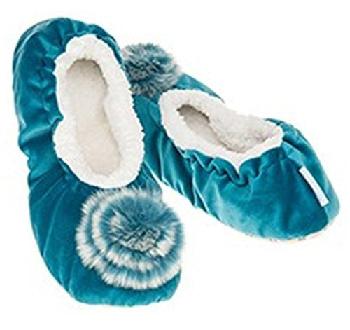 Luxury Teal Velvet  Fur effect  Pom-Pom Snoozies Ballet Slippers - Ladies UK Sizes 3 to 7 (LARGE UK 6-7) - hanrattycraftsgifts.co.uk