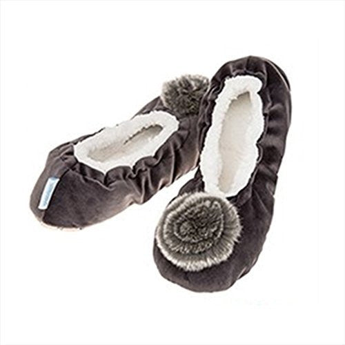 Luxury Deep Grey Velvet Real Fur effect   Pom-Pom Snoozies Ballet Slippers - Ladies UK Sizes 3 to 7 (MEDIUM UK 5-6) - hanrattycraftsgifts.co.uk