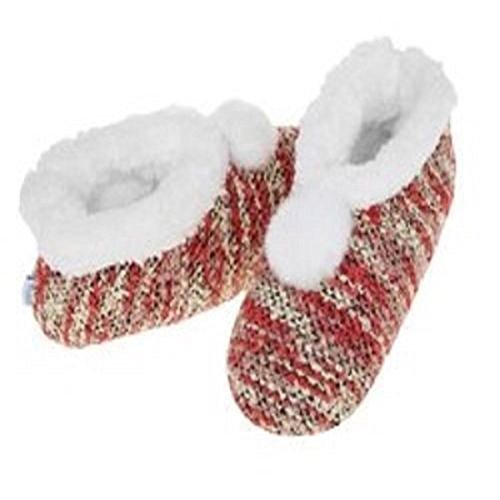 Snoozies Knit Stripe Booties With White Pom-Pom Slippers ~ Non-Slip Sole ~ 3 Sizes & 6 Colour Options (MEDIUM UK 5-6, CORAL) - hanrattycraftsgifts.co.uk