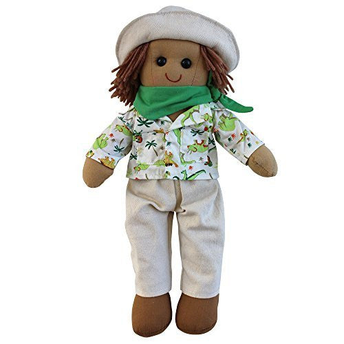 Dinosaur explorer rag doll with beige hat, green neckscarf and brown shoes. size 40cm. - hanrattycraftsgifts.co.uk