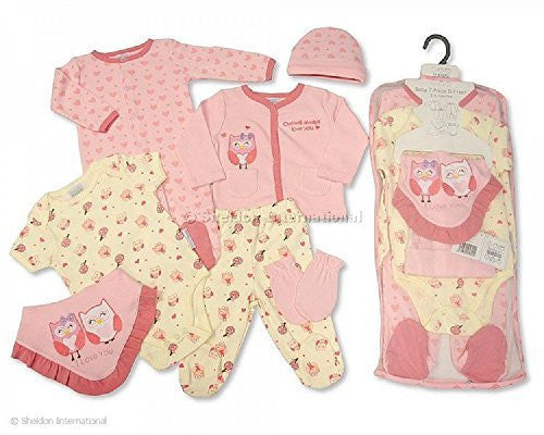 7 Piece Baby Girls Layette Clothing Gift Set Pink Owl Design (Newborn) - hanrattycraftsgifts.co.uk