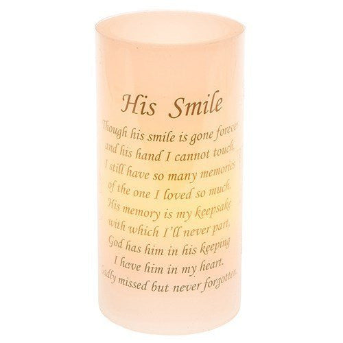 His Smile Flickering Memorial LED Candle - hanrattycraftsgifts.co.uk