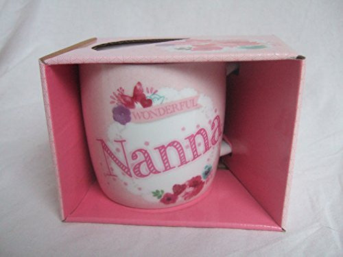 "Wonderful Nanna" Pink Floral Butterfly Sentimental Mug with Presentation Box - hanrattycraftsgifts.co.uk