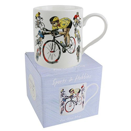 Fine China Cycling MUG/CUP by Julia Hook Sports & Hobbies Collection Tour De France Gift Boxed - hanrattycraftsgifts.co.uk