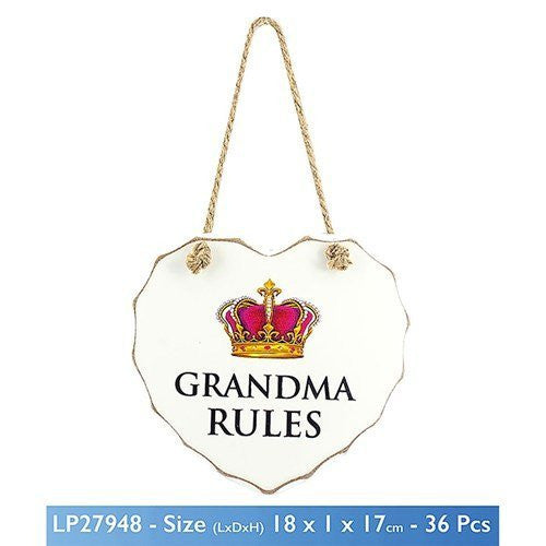 White "Grandma Rules" Love Heart Shaped Sentimental Hanging Plaque - hanrattycraftsgifts.co.uk