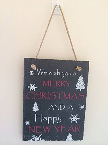 We Wish You a Merry Christmas Hanging Slate Plaque Sign - hanrattycraftsgifts.co.uk