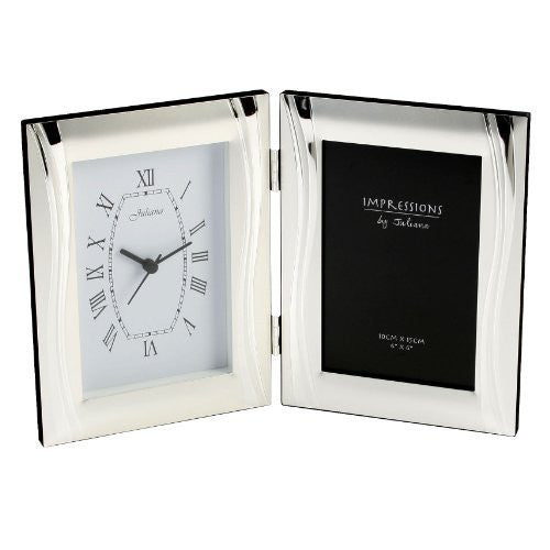 Satin Silverplated Photo Frame & Clock - Shiny Wavy Design - hanrattycraftsgifts.co.uk