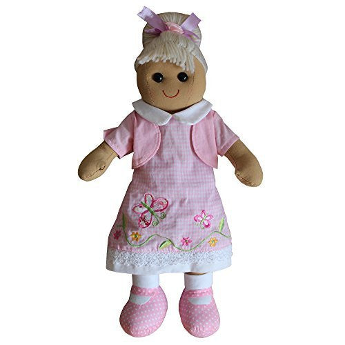 Pink Butterfly Embroidered Dress Rag Doll 40cm - hanrattycraftsgifts.co.uk