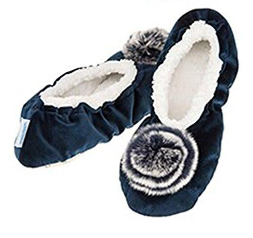 Luxury Deep Navy Velvet Pom-Pom Snoozies Ballet Slippers - Ladies UK Sizes  UK 3-4 - hanrattycraftsgifts.co.uk