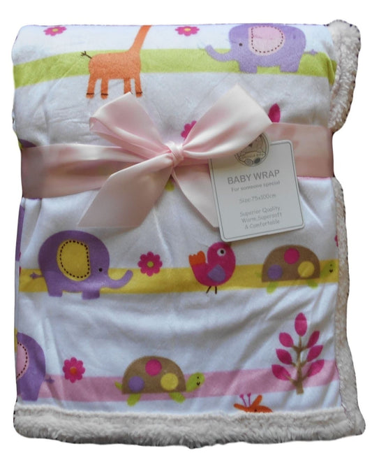Baby Girls Cute White Pink and Multi-coloured Animals Mink Fleece Wrap Blanket - hanrattycraftsgifts.co.uk