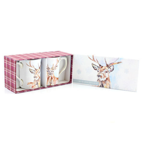 Winter Stag Set of 2 China Mugs - Gift Boxed - hanrattycraftsgifts.co.uk