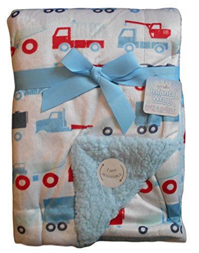 Baby Boys Gorgeous White Blue and Red Trucks and Lorries Reversible Wrap Blanket - hanrattycraftsgifts.co.uk