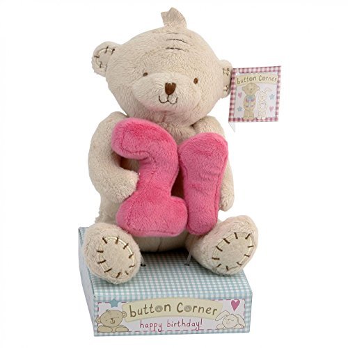 Button Corner Bear Holding Number "21" Birthday Gift Age 21ST - hanrattycraftsgifts.co.uk