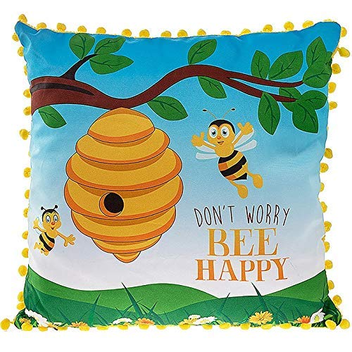 Lesser & Pavey Don't Worry Bee Happy Square Cushion with Yellow Tassels - hanrattycraftsgifts.co.uk