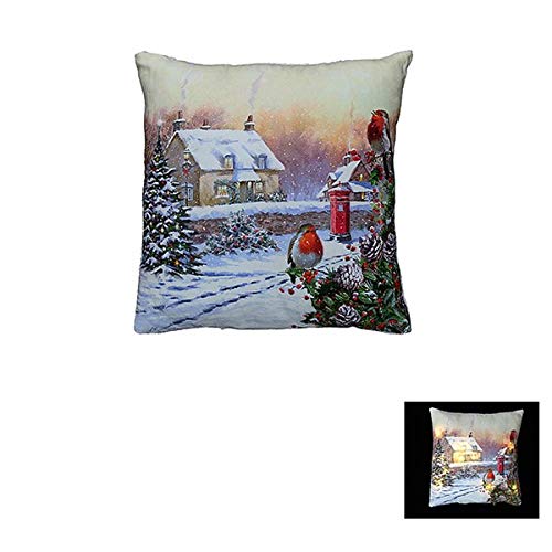 Leonardo Macneil Christmas Robins Winter Scene LED Cushion - hanrattycraftsgifts.co.uk