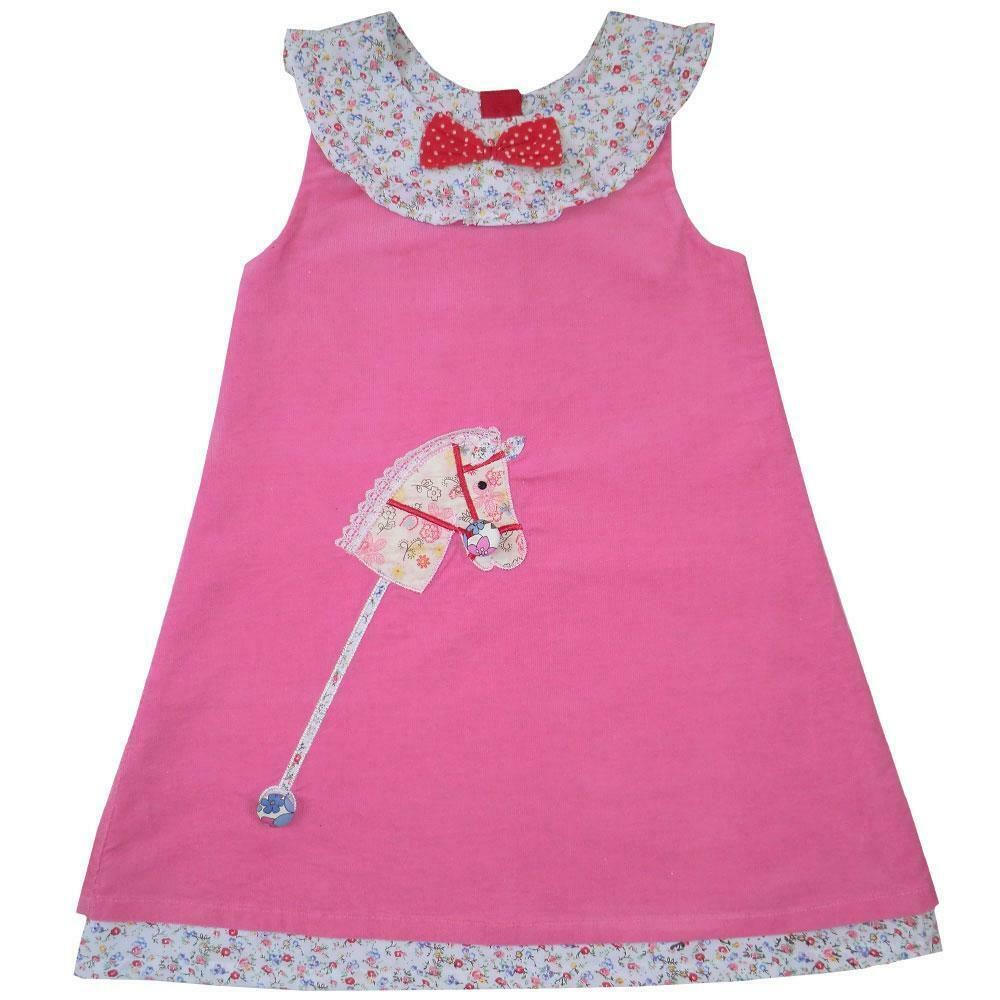 Powell Craft Corduroy Appliqued Hobby Horse design Pink Pinafore dress - hanrattycraftsgifts.co.uk