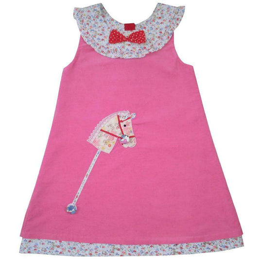 Powell Craft Corduroy Appliqued Hobby Horse design Pink Pinafore dress - hanrattycraftsgifts.co.uk