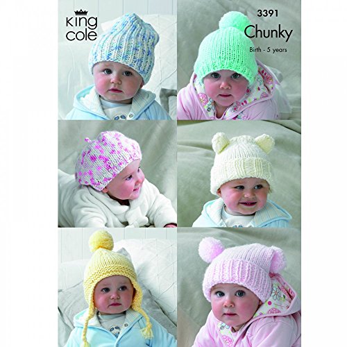 King Cole 6 Baby Hats Comfort Chunky Knitting Pattern 3391 by King Cole - hanrattycraftsgifts.co.uk