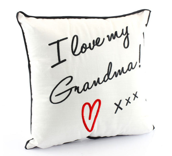 "I Love My Grandma" Black and White Novelty Embroidered Cushion - hanrattycraftsgifts.co.uk