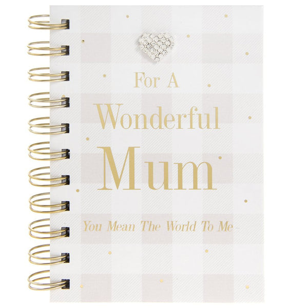 For a Wonderful Mum - Pink and White Checked Notebook with Diamante Heart - hanrattycraftsgifts.co.uk
