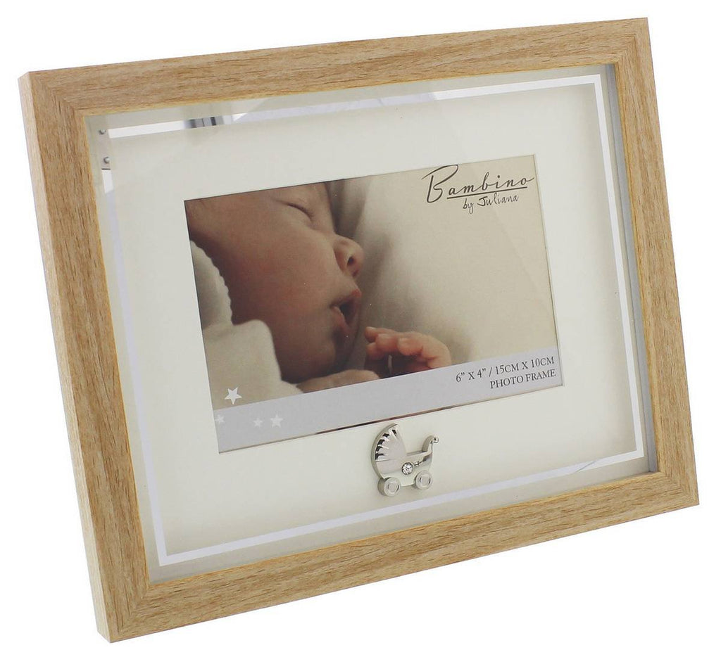 Bambino Light Wooden effect Picture Frame with Silver Pram Icon 6" x 4" - hanrattycraftsgifts.co.uk