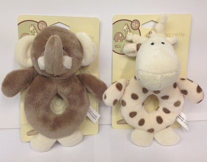 Elli & Raff Plush Ring Rattle (Pair) Elephant & Giraffe - hanrattycraftsgifts.co.uk