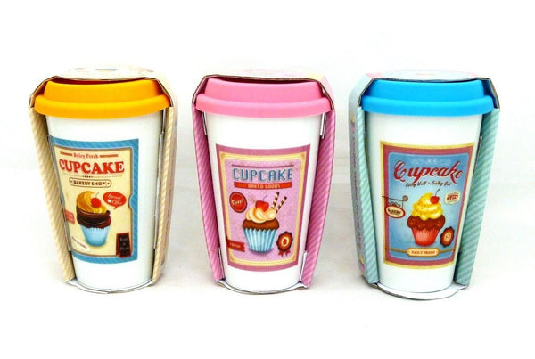 Retro Ceramic Cupcake Travel Mug in 3 Colours Blue Pink and Orange - hanrattycraftsgifts.co.uk