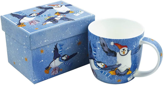 Bone porcelain cup with Christmas puffins   and gift box