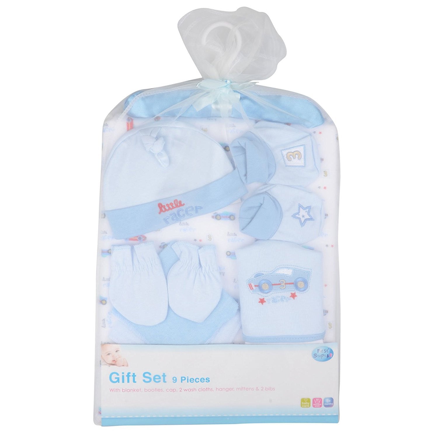 9 Piece Baby Gift Set Newborn Christening Present Blanket Booties Hanger - Blue - hanrattycraftsgifts.co.uk