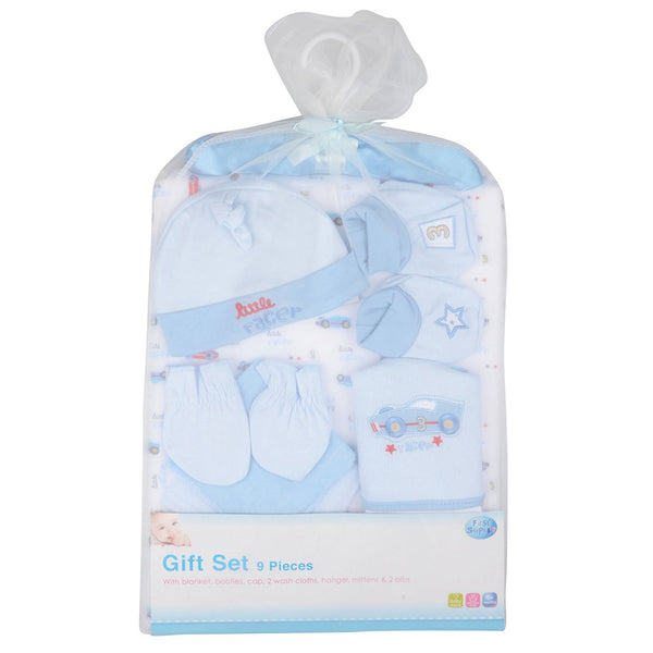 9 Piece Baby Gift Set Newborn Christening Present Blanket Booties Hanger - Blue - hanrattycraftsgifts.co.uk