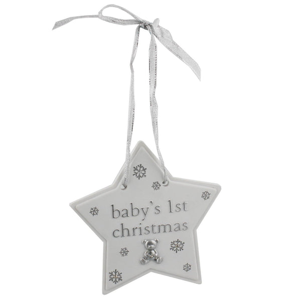 Bambino Baby's 1st Christmas Star Plaque Decoration with cute teddy bear icon - hanrattycraftsgifts.co.uk