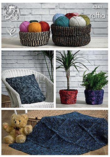 King Cole 4341 Knitting Pattern Storage Baskets, Cushion Covert, Plant Pot Covers and Rug to Knit in King Cole Raffia - hanrattycraftsgifts.co.uk