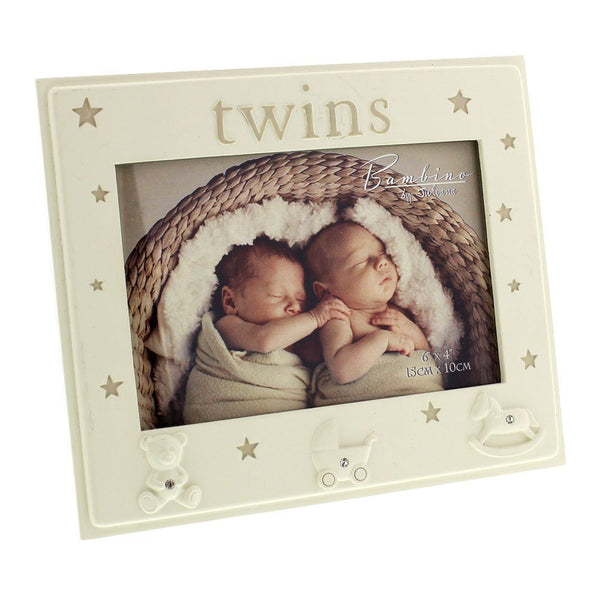 Twins - beautiful Bambino cream resin 5 x 3.5" photo frame with stars - hanrattycraftsgifts.co.uk