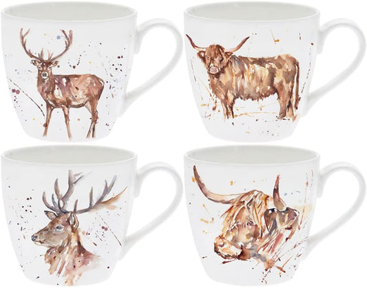 Wildlife Animals 4-Set Country Life Fine China Watercolour Design Coffee Cups