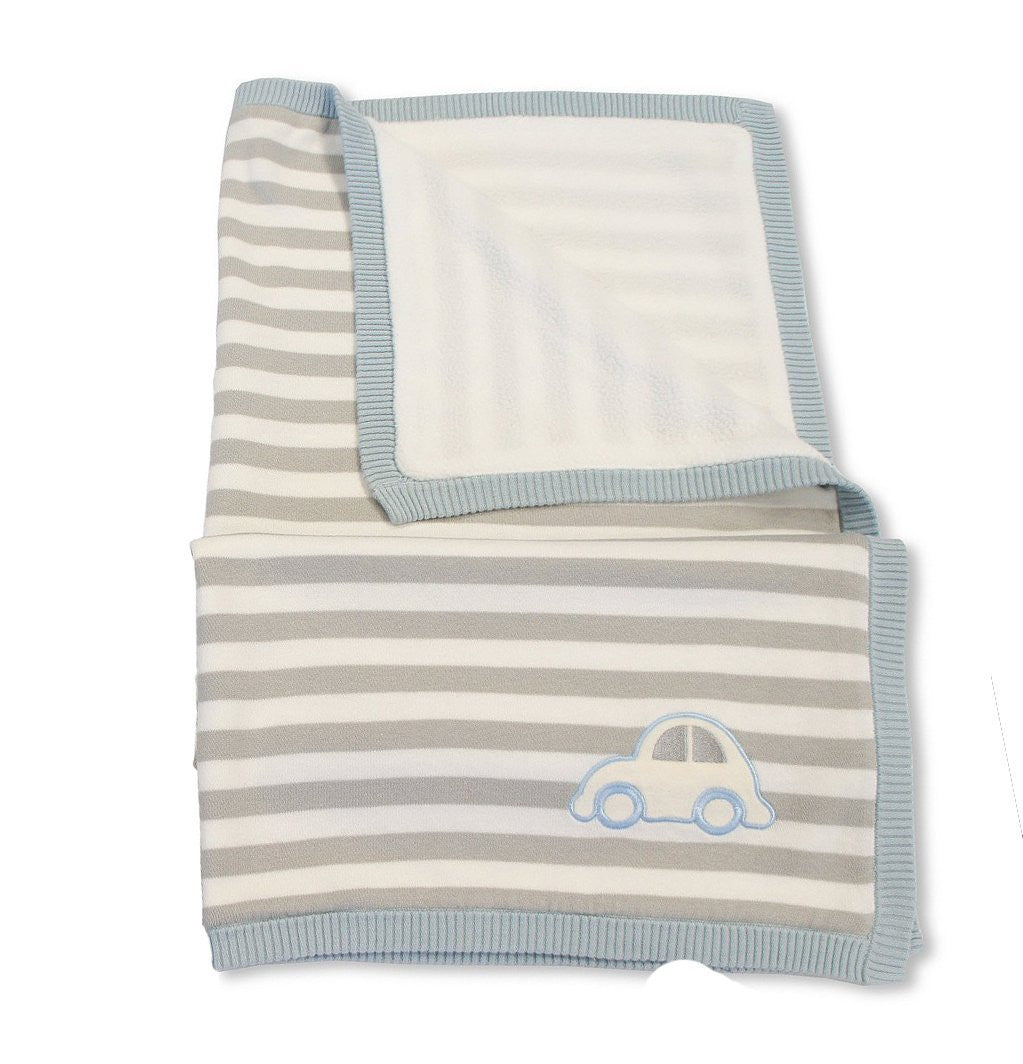 Supersoft Superior Luxurious Knitted Grey Stripe Blue Car Pram/Crib Blanket - hanrattycraftsgifts.co.uk