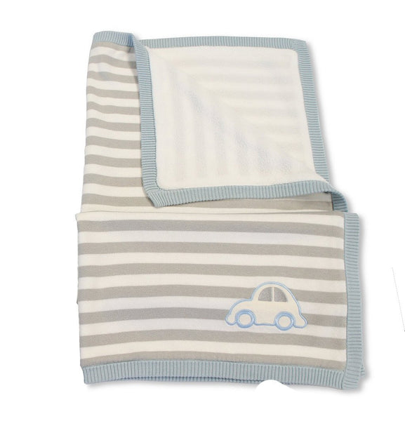 Supersoft Superior Luxurious Knitted Grey Stripe Blue Car Pram/Crib Blanket - hanrattycraftsgifts.co.uk