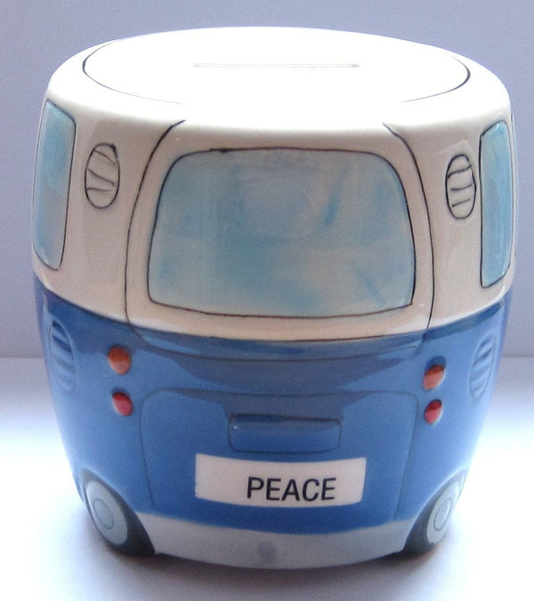 White and Blue Ceramic Camper Van Money Box with 'PEACE' on the Front - hanrattycraftsgifts.co.uk