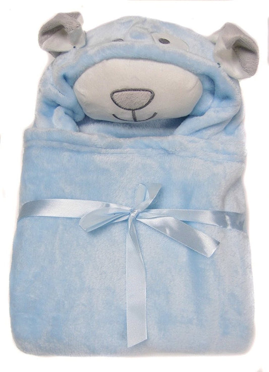Baby Wrap Pink Cream Blue 3D Head Hooded Snuggle Wrap Soft Coral Fleece - hanrattycraftsgifts.co.uk