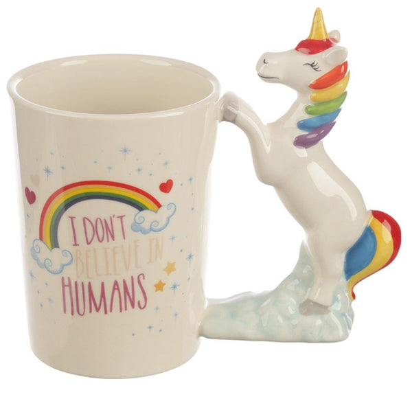 Ceramic I Don't Believe in Humans Unicorn Shaped Handle Mug - hanrattycraftsgifts.co.uk