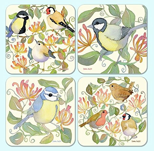 GARDEN BIRDS on HONEYSUCKLE - Emma Ball Colourful Coaster Set x 4 - hanrattycraftsgifts.co.uk