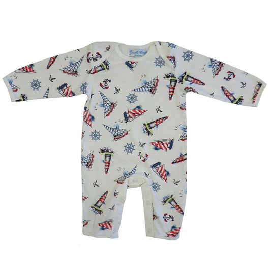 Powell Craft Baby Boys Cotton Nautical Jumpsuit/babygrow. white - hanrattycraftsgifts.co.uk